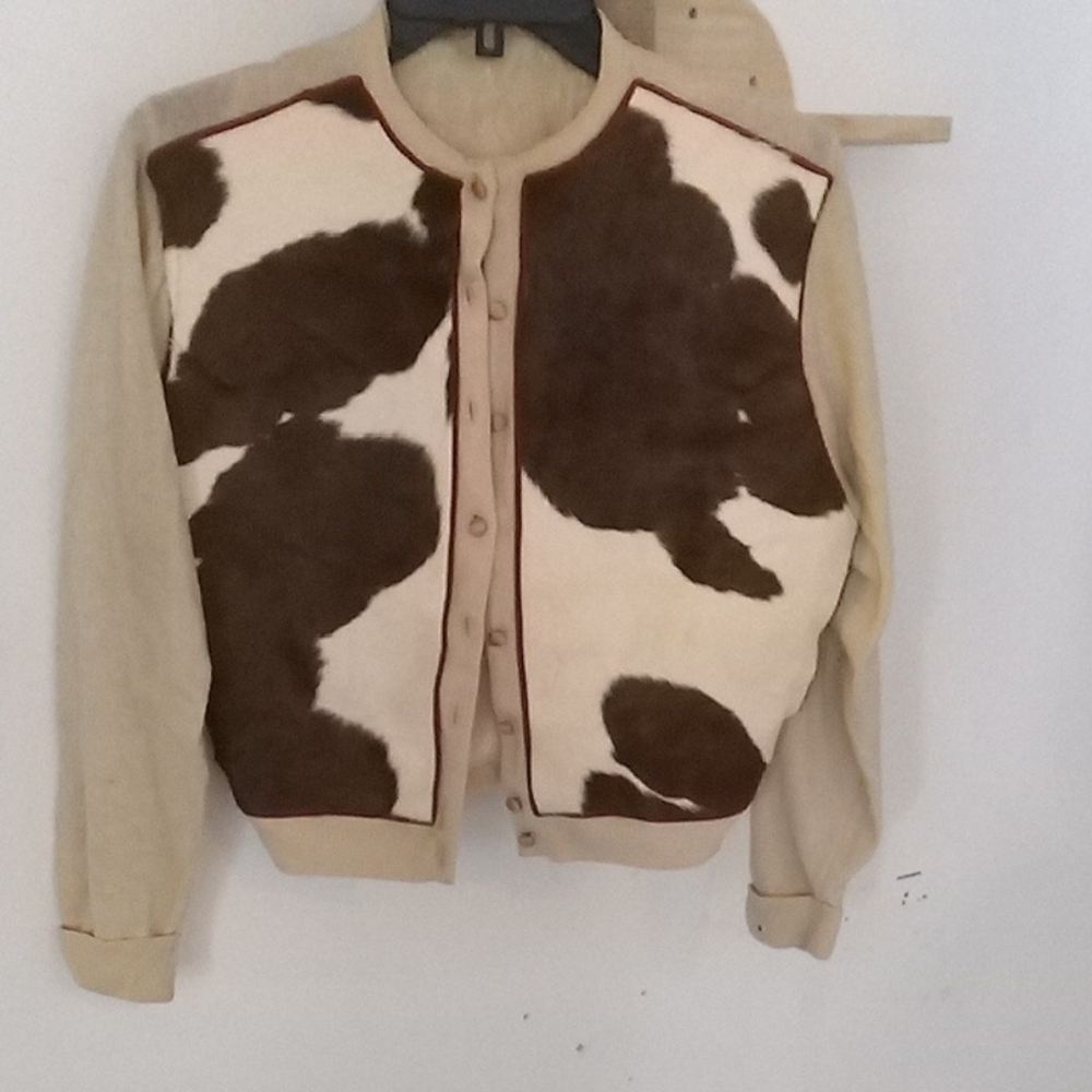 Vintage Cowhide Panel Button-Up Cardigan Sweater - Cream & Brown